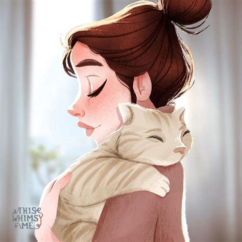 Retrato De Una Chica Abrazando A Su Gato Dibujos De Gatos Pintura