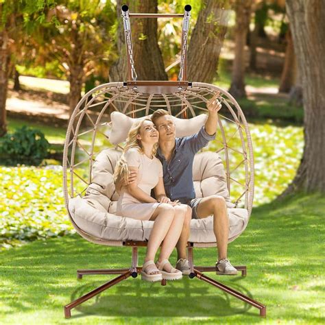 NICESOUL Large 2 Person 510 Lbs Beige Wicker Double Swing Egg Chair