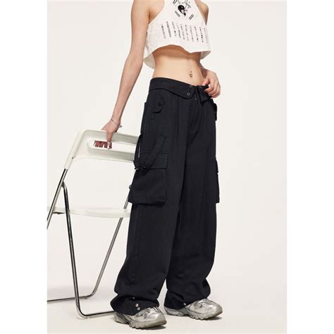 Hot Girl Loose Wide Leg Black Cargo Pants Vanci Co