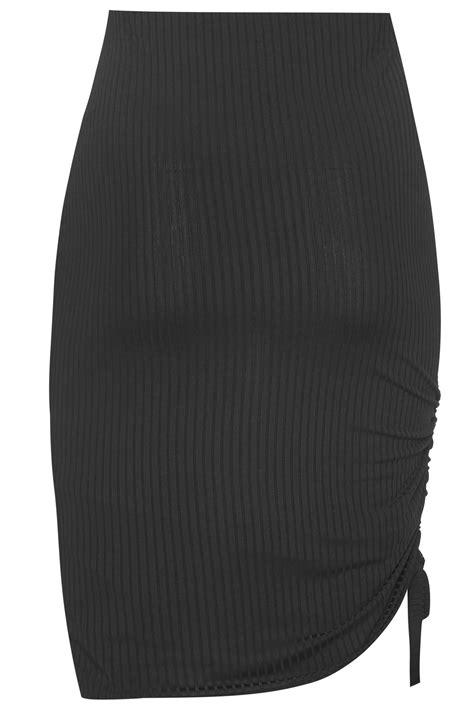 Black Ribbed Ruched Midi Skirt Yours Clothing