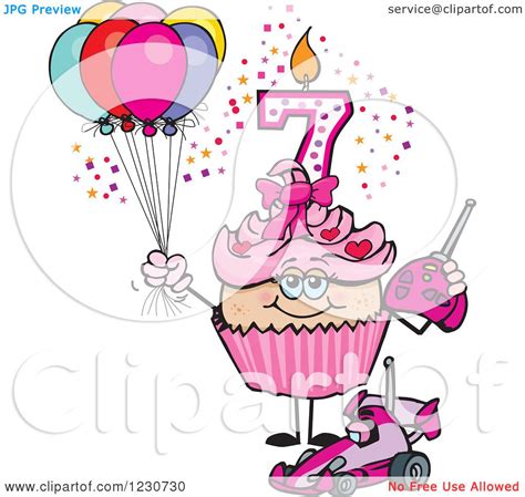 Clipart Of A Pink Girls Seventh Birthday Cupcake With A Remote Control