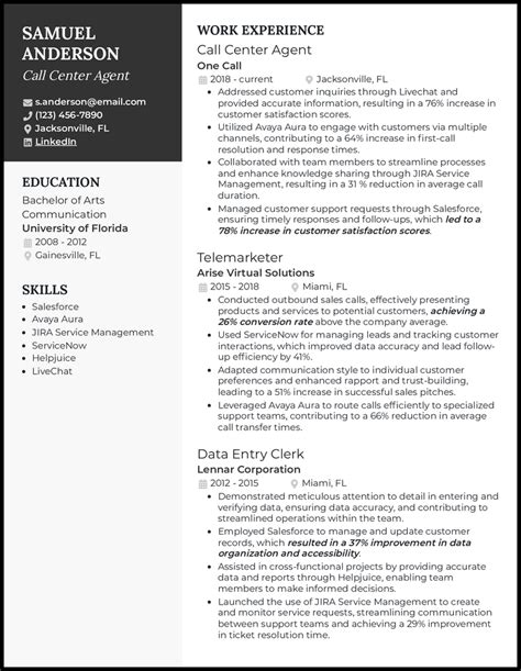 Outbound Call Center Resume Sample