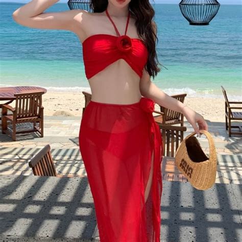 Seneliel Set Halter Plain Flower Tankini Top Bikini Bottom Side Slit Cover Up YesStyle