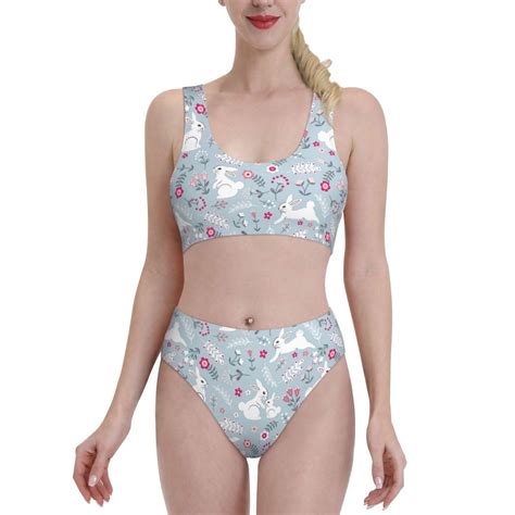 Logiee Bunny And Flower Print Women S Piece Bikini Set Halter Bathing Suit High Waisted Bikini