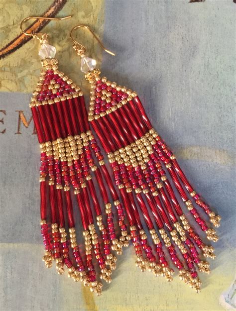 Handmade Bright Red And Gold Beaded Earrings Long Fringe Etsy