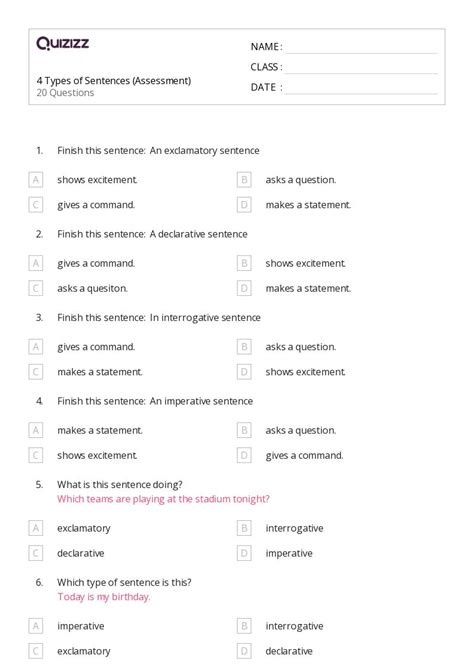 50 Types Of Sentences Worksheets For 8th Grade On Quizizz Free