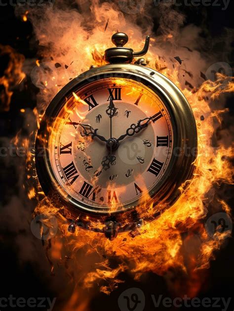 Burning alarm clock on fire background. Time is running out concept. AI