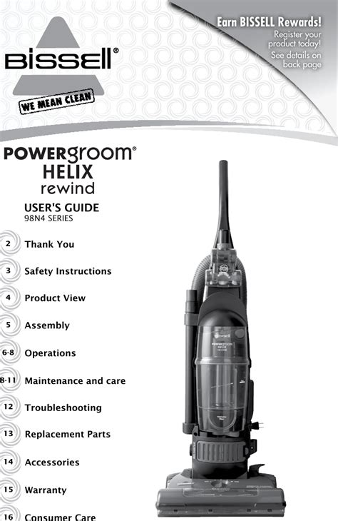 Bissell Powergroom Helix Rewind Vacuum 98N4 Owners Manual