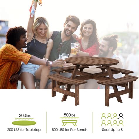 Patio 8 Seat Wood Picnic Dining Seat Bench Set Costway