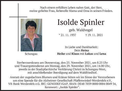 Traueranzeigen Von Isolde Spinler Trauer Merkur De