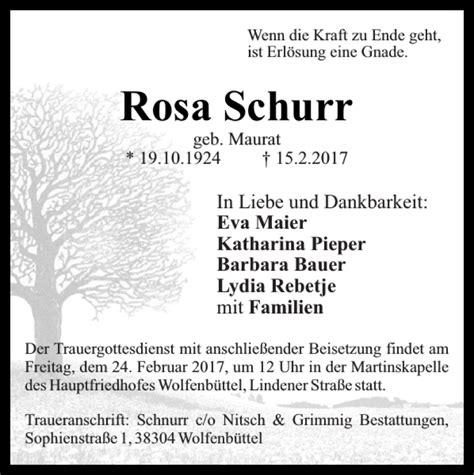 Traueranzeigen Von Rosa Schurr Trauer De