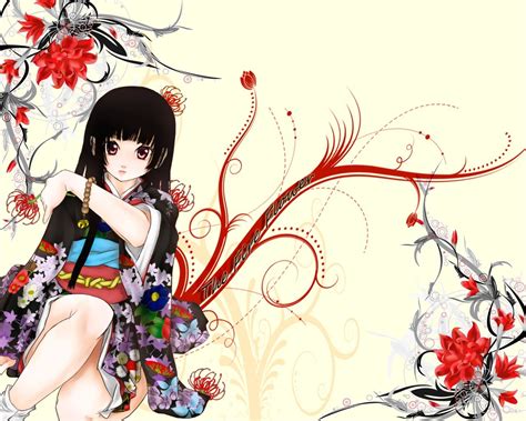 Wallpaper White Illustration Flowers Anime Girls Cartoon Kimono Jigoku Shoujo Enma Ai