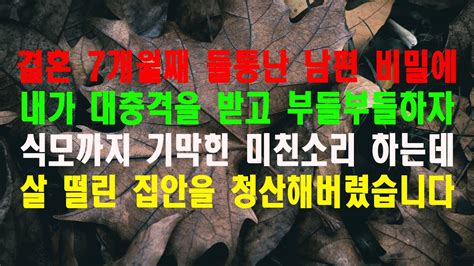 실화사연 결혼 7개월째 들통난 남편 비밀에 내가 대충격을 받고 부들부들하자 식모까지 기막힌 미친소리 하는데 살 떨린 집안을