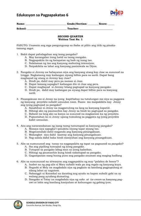 Q2 Esp6 Written Test 1 Interactive Worksheet Edform