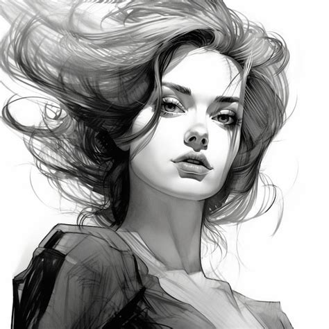 Un Dibujo En Blanco Y Negro De Una Mujer De Pelo Largo Foto Premium