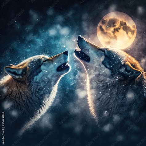 Two Wolves Howling At The Moon Together