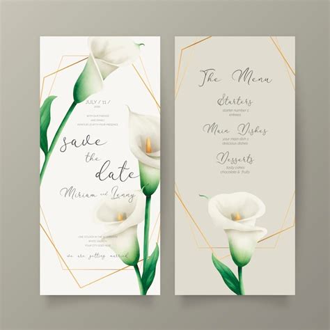 Free Vector Wedding Invitation And Menu Template With White Lilies