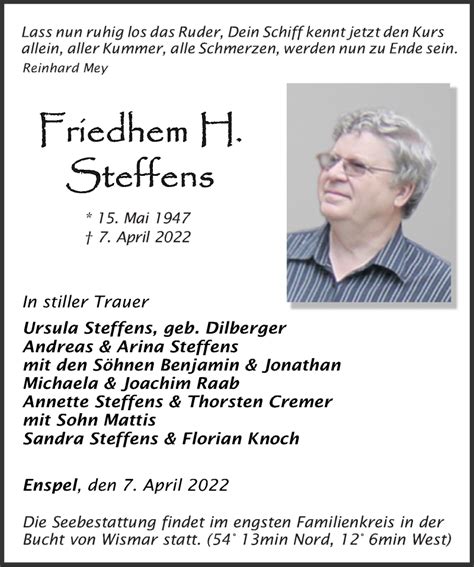 Traueranzeigen Von Friedhelm H Steffens Rz Trauer De