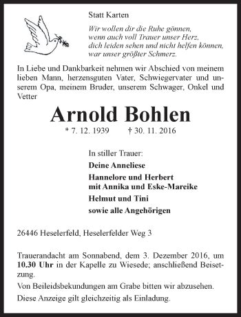 Traueranzeigen Von Arnold Bohlen Nordwest Trauer De