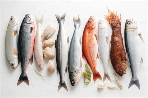 A Presentation Of Various Types Of Fish On White Background Generative