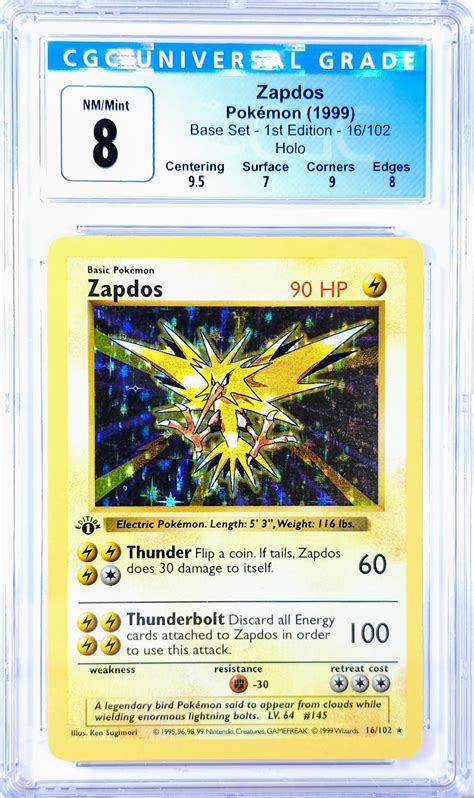 Pokemon Zapdos St Edition Base Set Holo Cgc Mint With