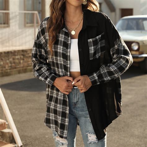 Jacenvly Jackets For Women Casual Fall Clearance Plaid Shacket Jacket