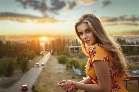 Wallpaper Brunette Long Hair Women Outdoors Rooftops Sunset Face