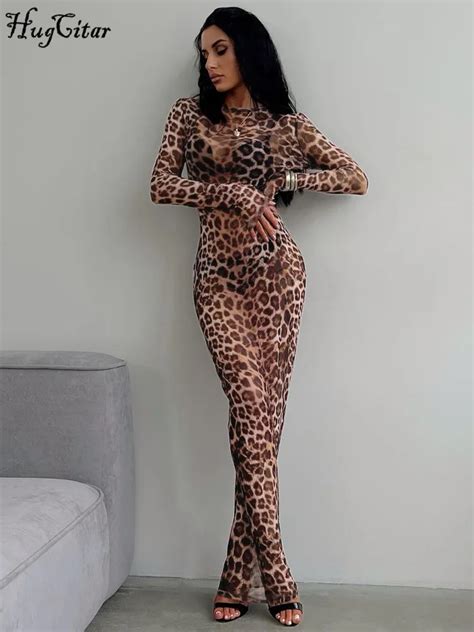 Hugcitar 2024 Leopard Print Mesh Long Sleeve Sexy Slim See Through Maxi