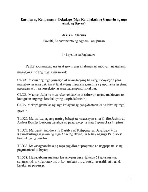 Modyul 8 Kartilla At Dekalogo Kartilya Ng Katipunan At Dekalogo Mga