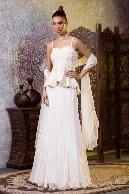 Buy Ivory Georgette Embroidered Poth Sweetheart Peplum Top Skirt Set