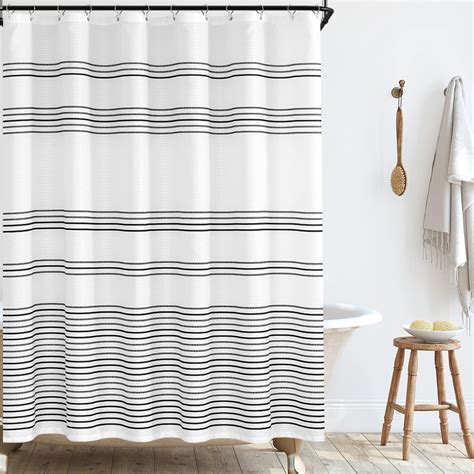 Yokii Tassel Fabric Shower Curtain Black And Cream Stripe