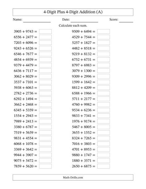 4 Digit Plus 4 Digit Horizontal Addition All