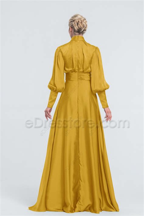 Modest Mormon Mustard Yellow Satin Bridesmaid Dresses Long Sleeves