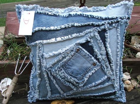 Denim Pillow Sham Pieced In A Crazy Log Pattern Made Of Recycled