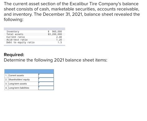 Solved The Current Asset Section Of The Excalibur Tire Chegg