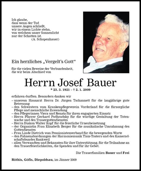 Todesanzeigen Von Josef Bauer Todesanzeigen Vorarlberger Nachrichten