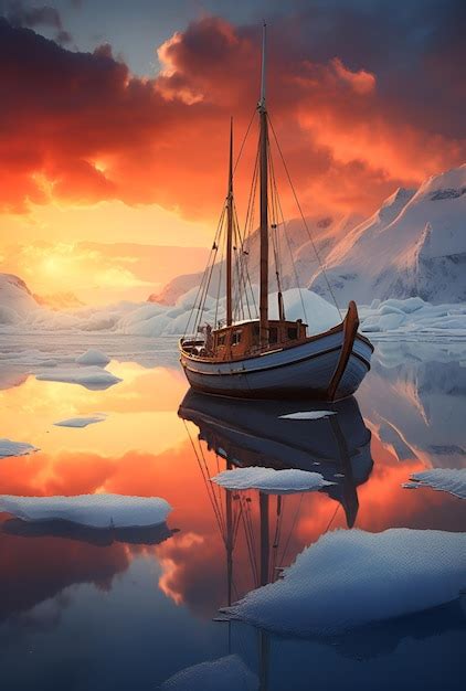 Premium Ai Image Boat Stranded On Ice Island At Sunset Ai Generative