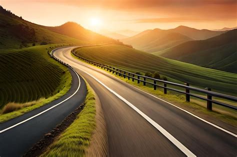 Premium AI Image | A winding road with a sunset in the background