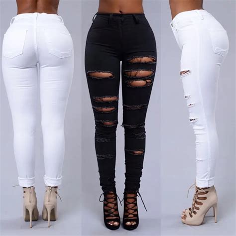 Ladies Ripped Knee Sexy Skinny Jeans Womens High Waisted Jegging Pants