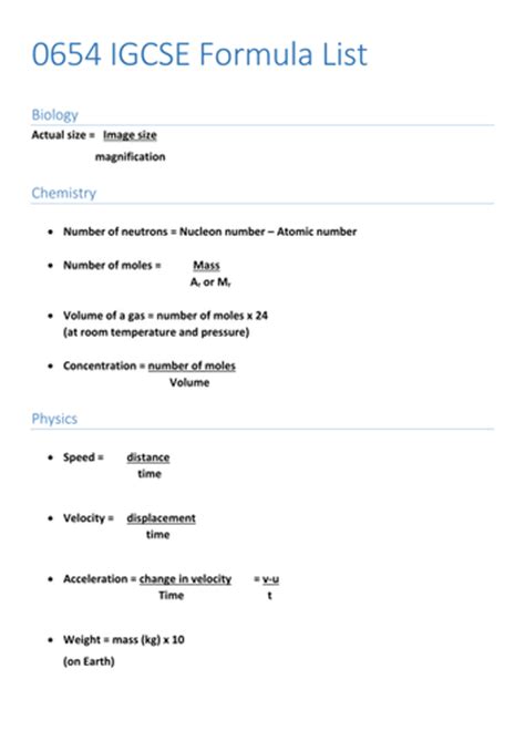 0654 Cambridge Igcse Coordinated Science Formula List All Sciences Teaching Resources