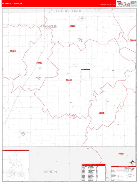 Franklin County, IA Zip Code Wall Map Red Line Style by MarketMAPS