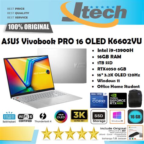 Jual Asus Vivobook Pro 16 Oled K6602vu I9 13900h Rtx4050 6gb 1tb Ssd 16gb 16 32k Oled W11 Ohs