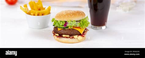 Hamburger Cheeseburger Fast Food Meal Menu With Fries And Coke Drink On