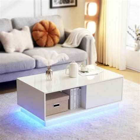 DIKTESSA Coffee Table With LED Lights And Drawers Modern High Gloss