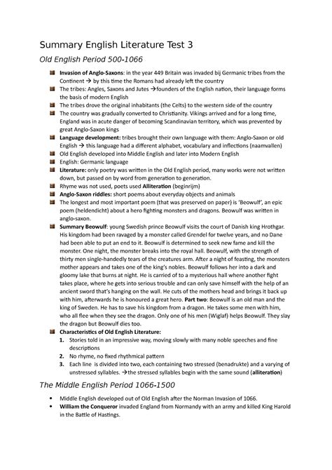 Samenvatting Engels Literatuur Test 3 2021 Summary English Literature