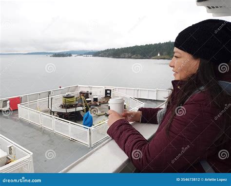 Year Old Latina Woman Drinks Coffee On A Ferry In Cold Weather Crosses The Border And Dreams