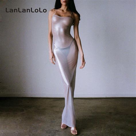 LanLanLoLo Women S 2023 Solid Color Fashion Sexy See Through Mesh Slim