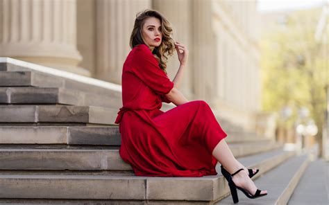 3840x2400 Blonde Girl Swirl Hairs Red Dress Sitting On Stairs 4k Hd 4k