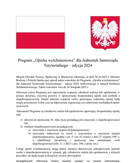 Program Opieka wytchnieniowa dla Jednostek Samorządu Terytorialnego