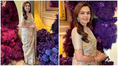 Nita Ambani shines in ivory saree adorned with intricate floral embroidery and luxurious jewels ...